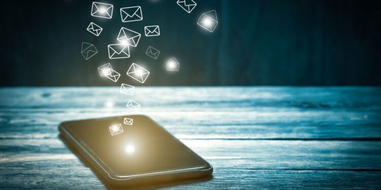 Email marketing and many envelopes in smartphone screen
