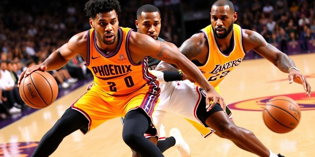 Devin Booker drives to the basket against Lakers defense.