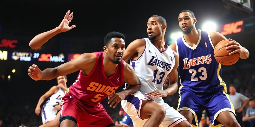 Basketball players in action during a Suns vs Lakers game.