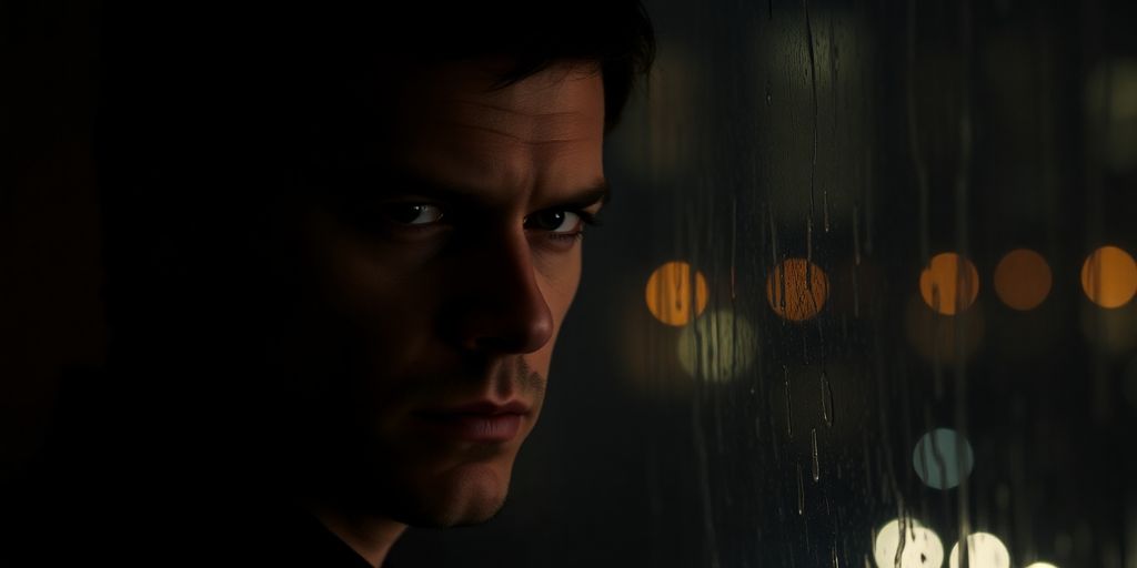Dexter Morgan looking intensely out a window at night.