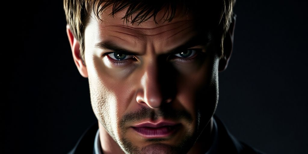 Dexter Morgan staring intensely, blood spatter behind him.