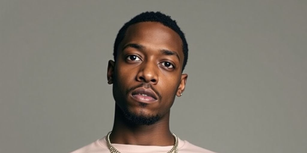 Kendrick Lamar standing, looking serious.
