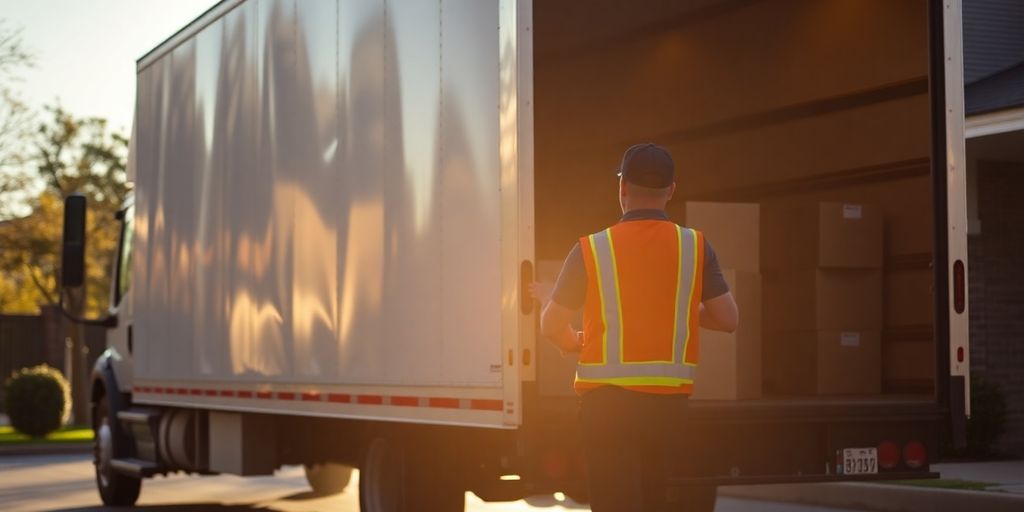 Two men carrying a moving truck.