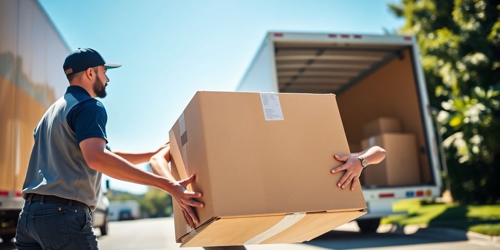 Two men carrying a packed truck with a smiling customer.